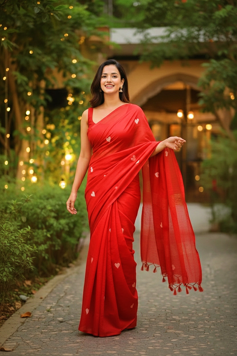 Red saree with hearts