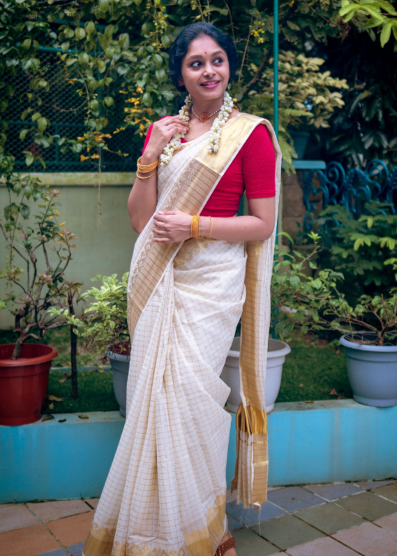 Onam Festive Saree - Cream & Golden (Red)