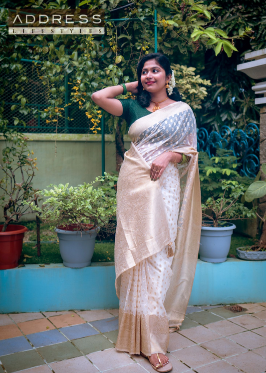 Onam Festive Saree - Cream & Golden (Green)